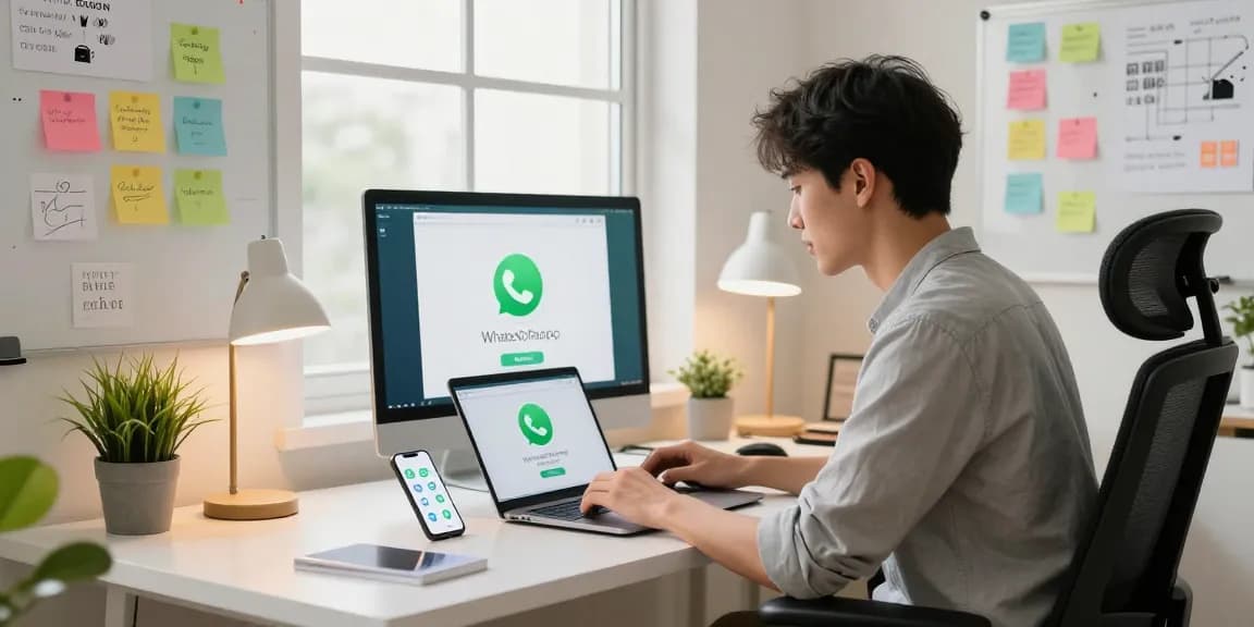 Engaging scene of WhatsApp下載 process in a modern home office setting with vibrant aesthetic.