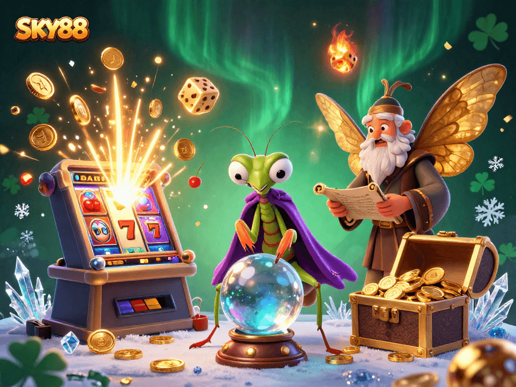 Experience thrilling moments at SKY88 with a vibrant 3D illustration of exciting casino elements.