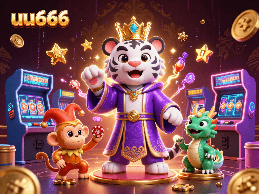 uu666 brings excitement to the casino world as characters juggle chips amid vibrant gaming elements.