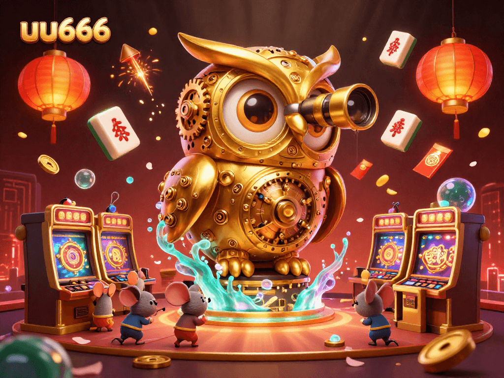 uu666 casino illustration showcasing a golden owl surveying a vibrant gaming floor with charming elements