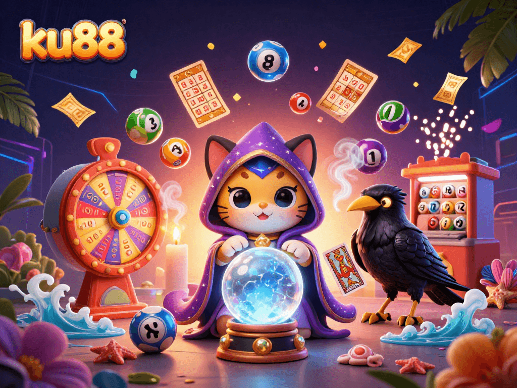 Engage in thrilling games at ku88 with a mystical fortune teller and dynamic lottery elements.