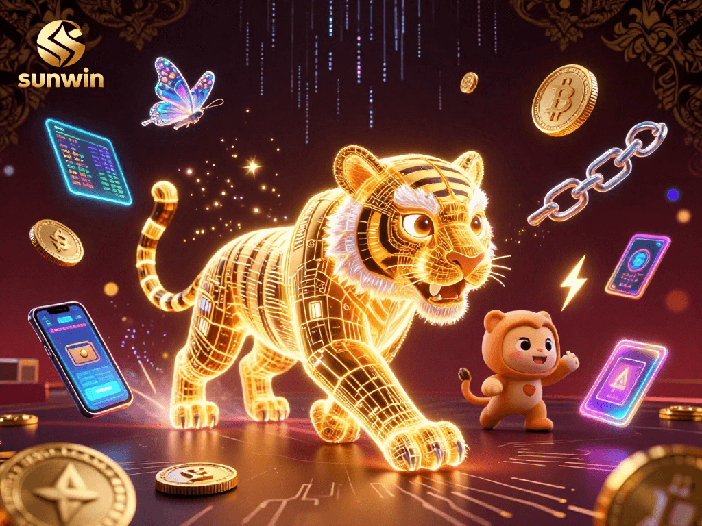 Engage with the sunwin digital casino, featuring a luminous tiger and vibrant crypto elements.