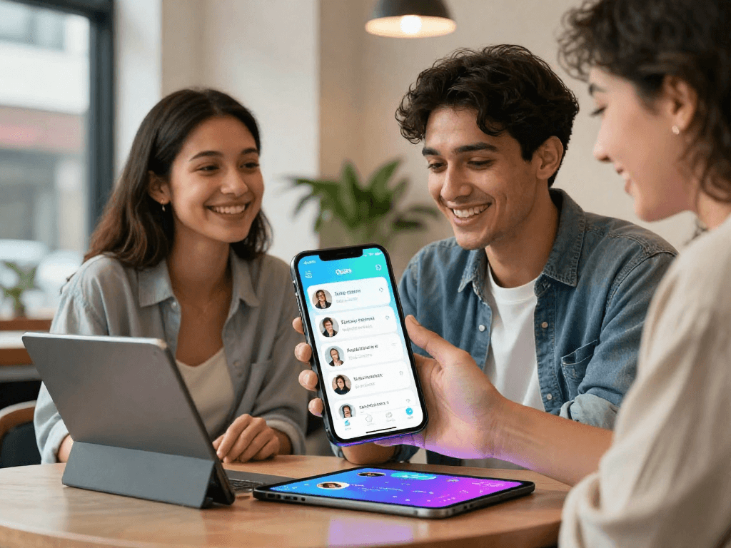 Couple exploring a dating platform using AI, showcasing sex ai technology in a vibrant coffee shop.