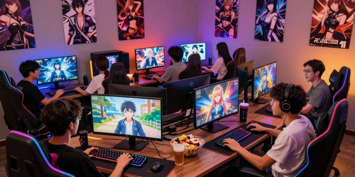 Group enjoying lively hentai games together in a vibrant gaming lounge.