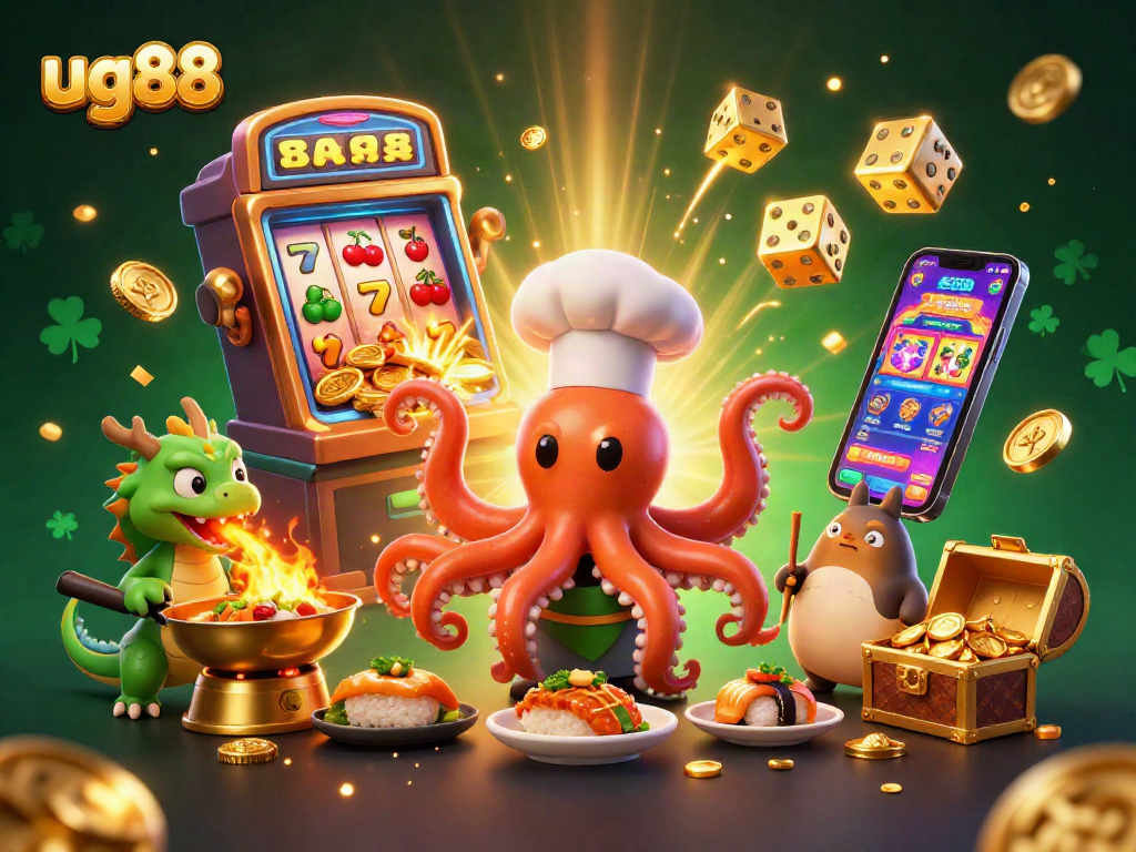 Witness the dynamic gaming scene with ug88 featuring a cartoon sushi chef octopus and a jackpot explosion.