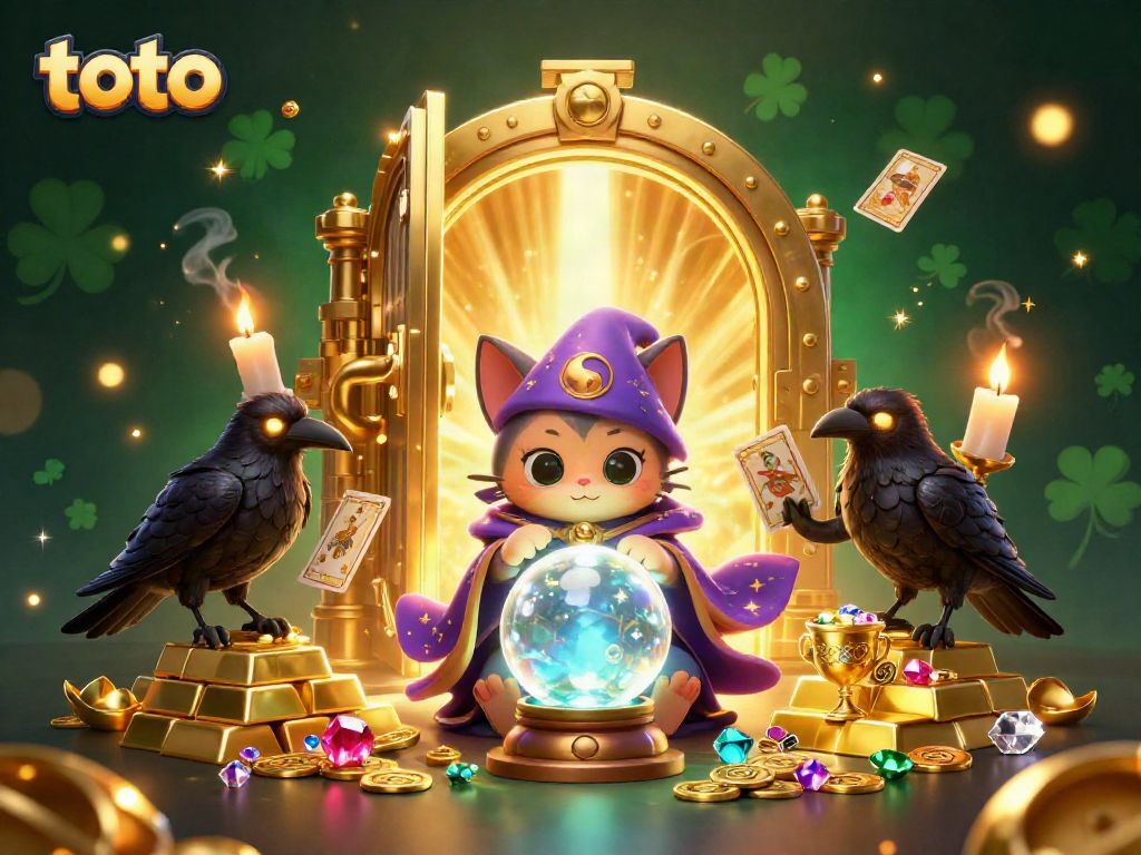 Toto casino fortune teller cat predicts wins amid treasures like gold and gems.