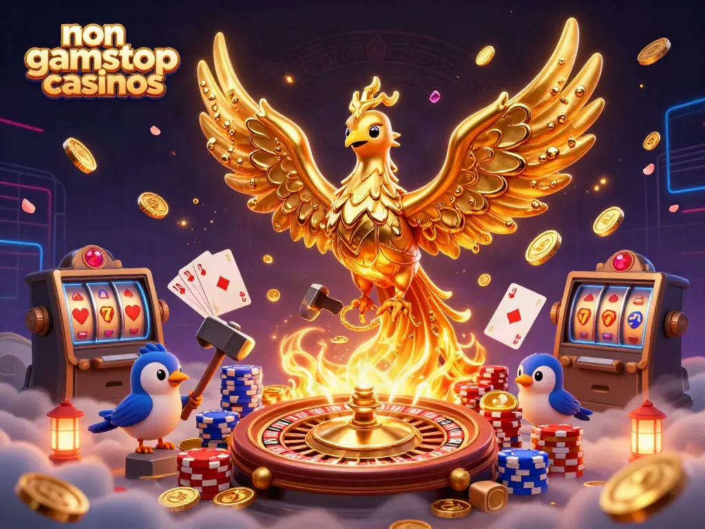 Experience non gamstop casinos with a dynamic 3D illustration featuring a molten gold phoenix and vibrant casino elements.