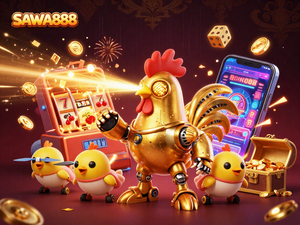 Engage in thrilling gameplay at SAWA888 with a vibrant, dynamic casino scene filled with exciting elements.