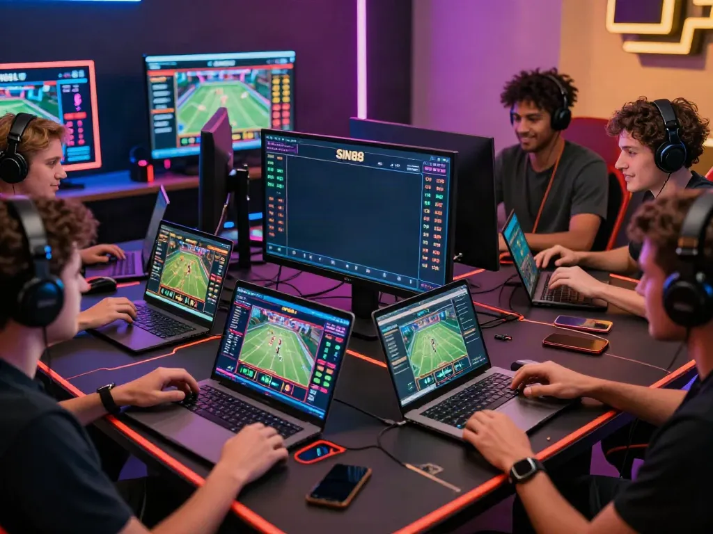 SIN 88 online gaming scene with diverse players engaging in live betting, showcasing a vibrant and immersive atmosphere.