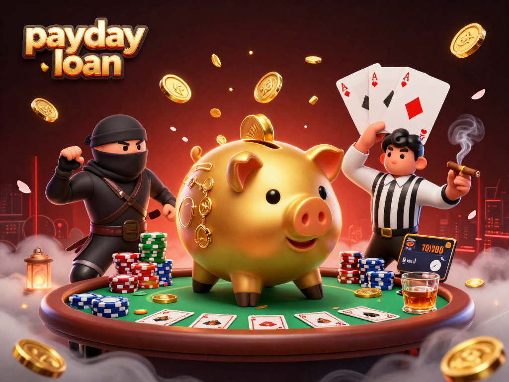 Engage with payday loan excitement as golden piggy bank sumo wrestler stomps coins among vibrant poker elements.