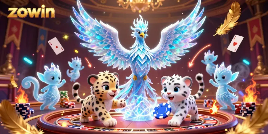 Zowin's captivating casino scene featuring an ice phoenix, a snow leopard cub, and glowing ice sprites engaging with poker chips and roulette elements.