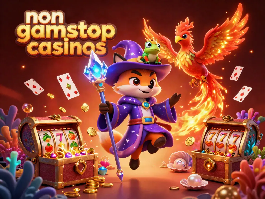 Engage in non gamstop casinos with a magical 3D scene featuring a wizard fox, phoenix, and animated gambling elements.