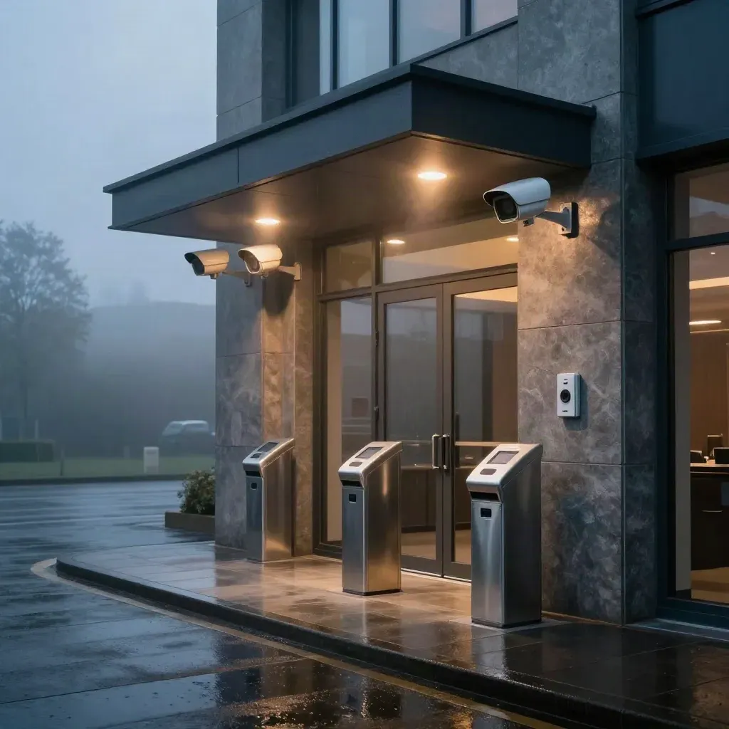 Blue-hour security entrance with CCTV domes, access reader and rain-slick paving.