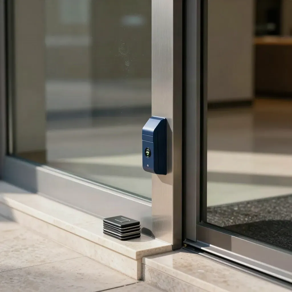 Glass security door locking with maglock, card reader, glowing status light and fobs on stone.