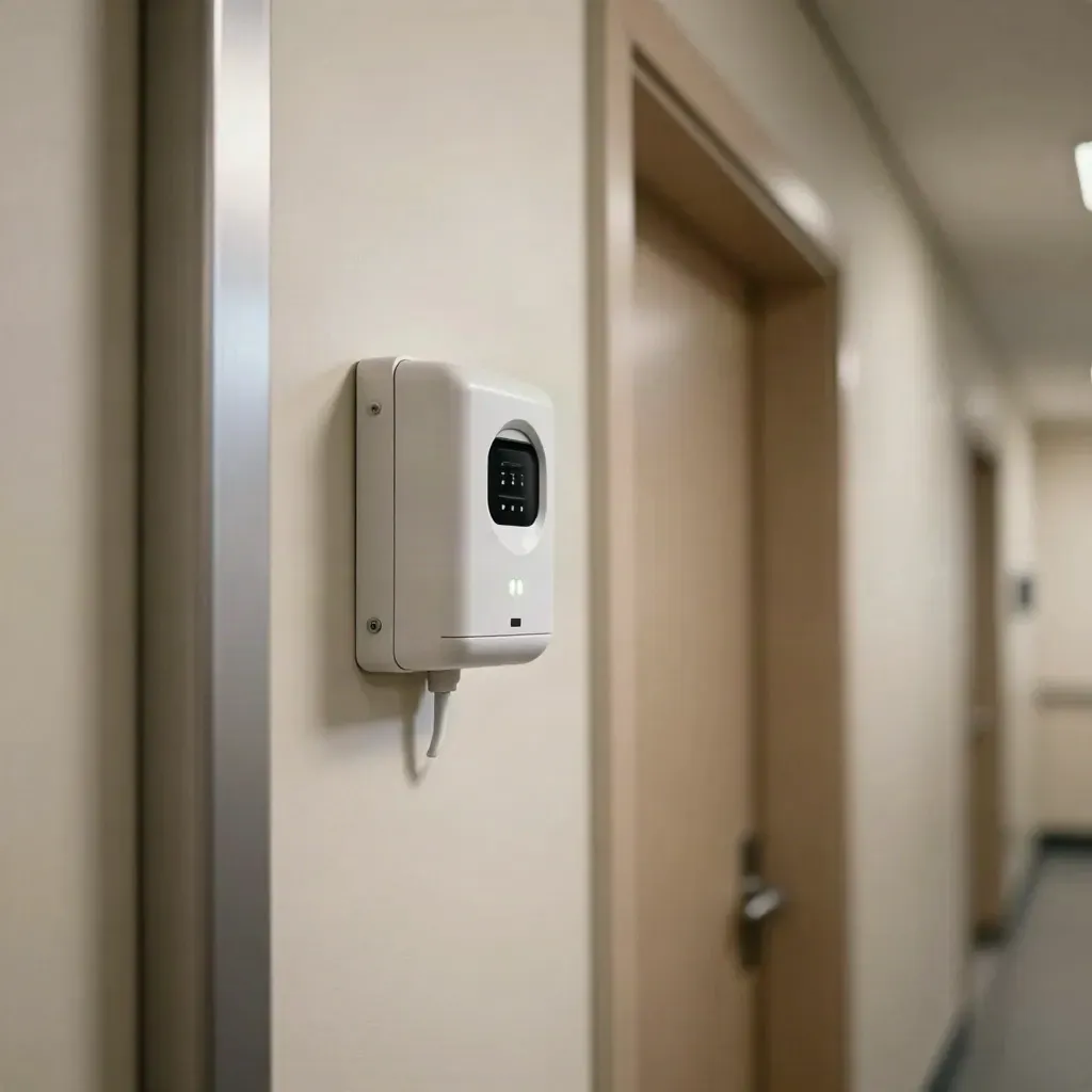 Alarm bell box and corridor sensor with neat cable chase on a clean office wall.