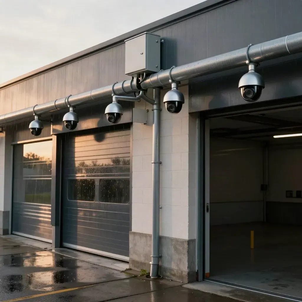 Four dome CCTV cameras on a warehouse fascia above empty loading bays in rain-soft evening light.