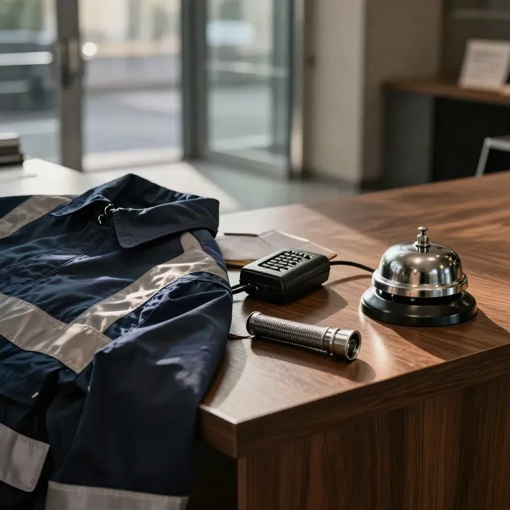 After-hours reception counter with jacket, radio charger, logbook, torch and desk bell.