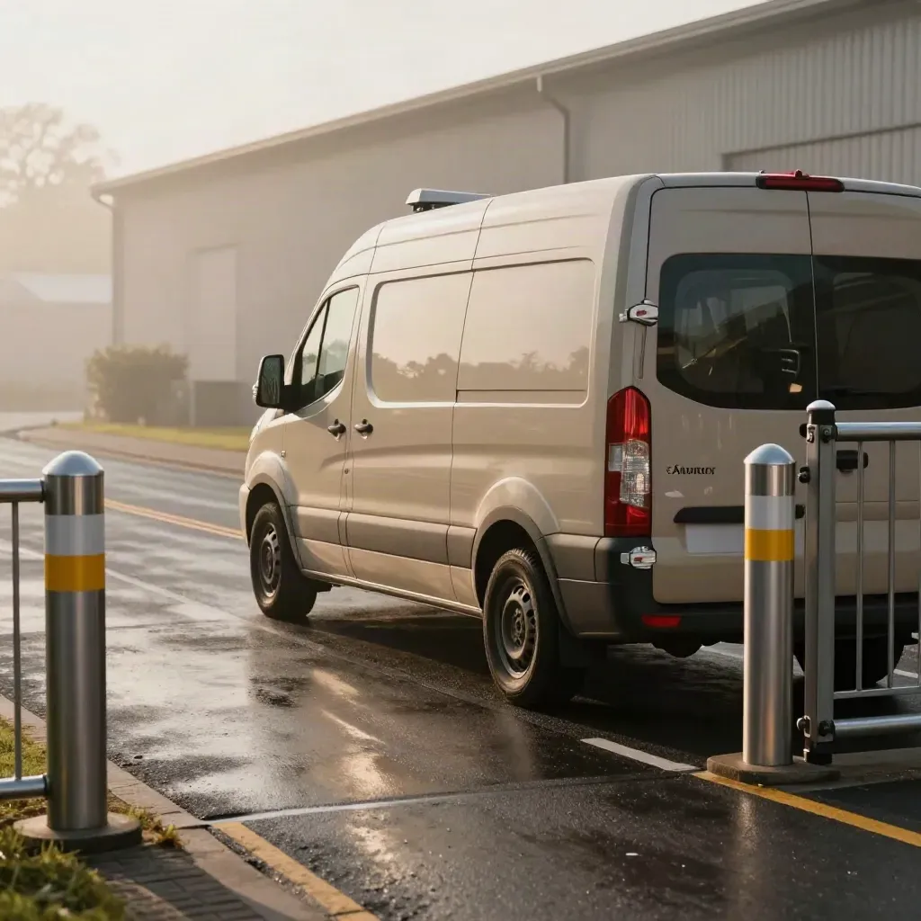 Patrol van paused by a locked gate on a wet site road with mist