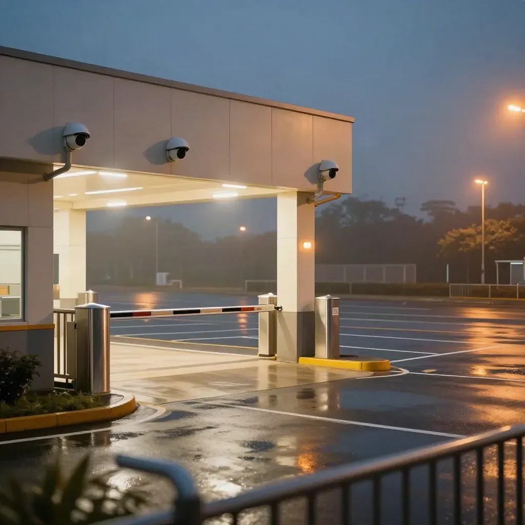 Four upgraded dome cameras watch an empty retail park entrance in damp evening light.