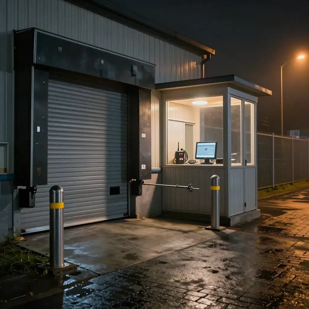 Secured warehouse loading bay at night with locked roller door, bollards, gatehouse charger and mist.