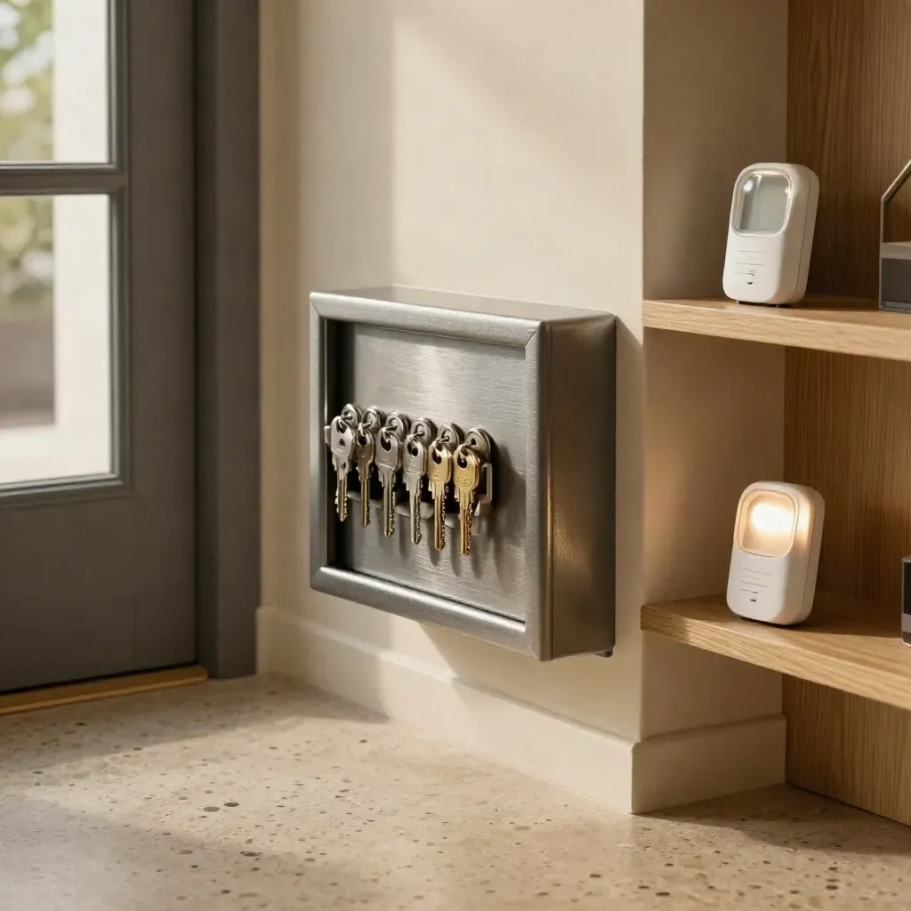 Secure key safe, spare cylinders, and alarm beacon at a quiet residential entrance.