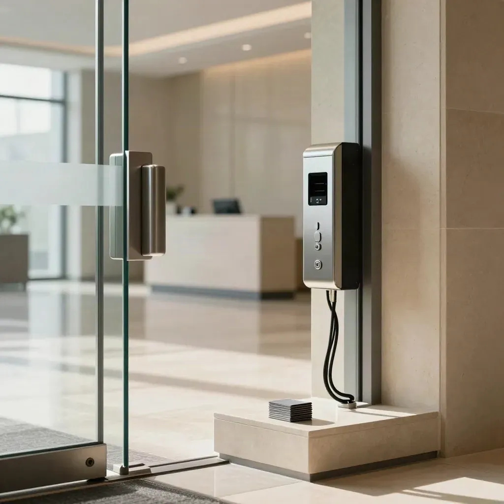 Glass office entrance with card reader, maglock, and clean access hardware in a bright lobby.