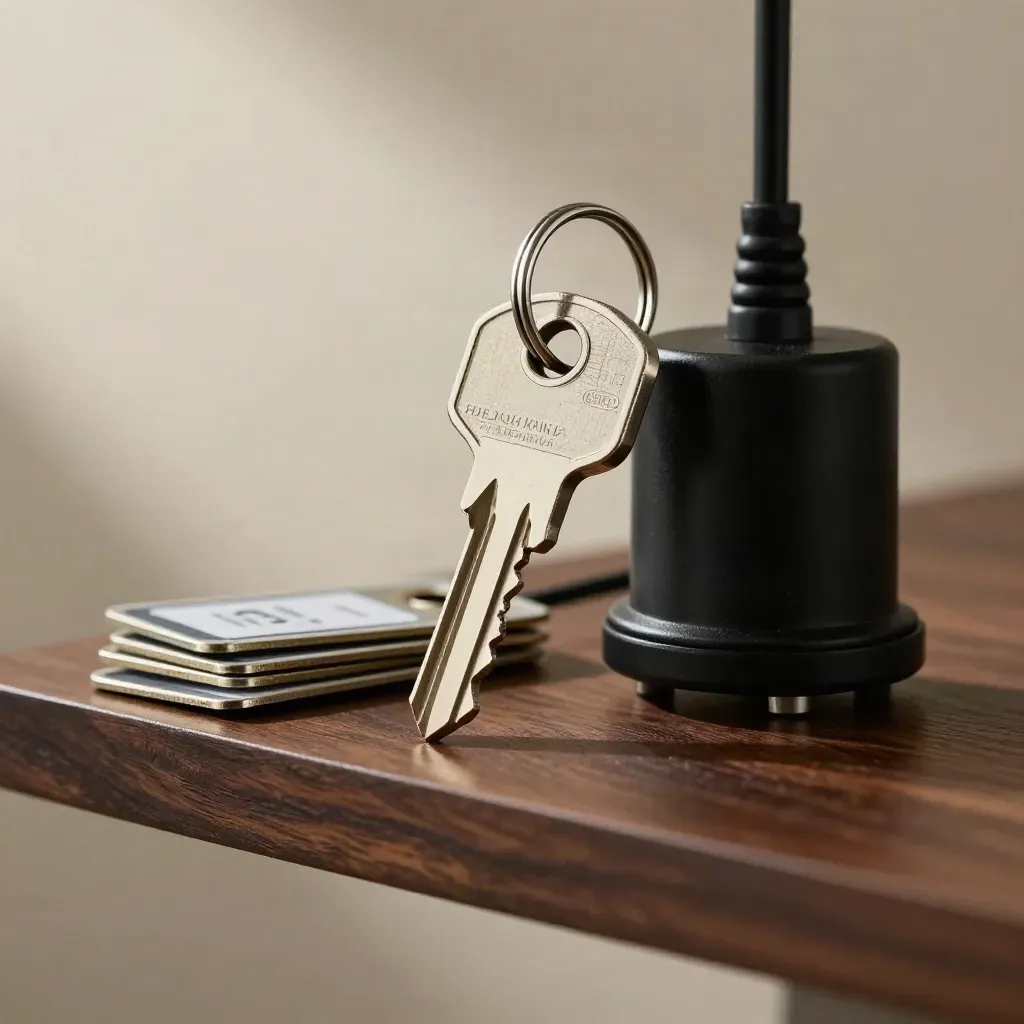 Macro of a key ring, radio charger base and site tags on a walnut shelf