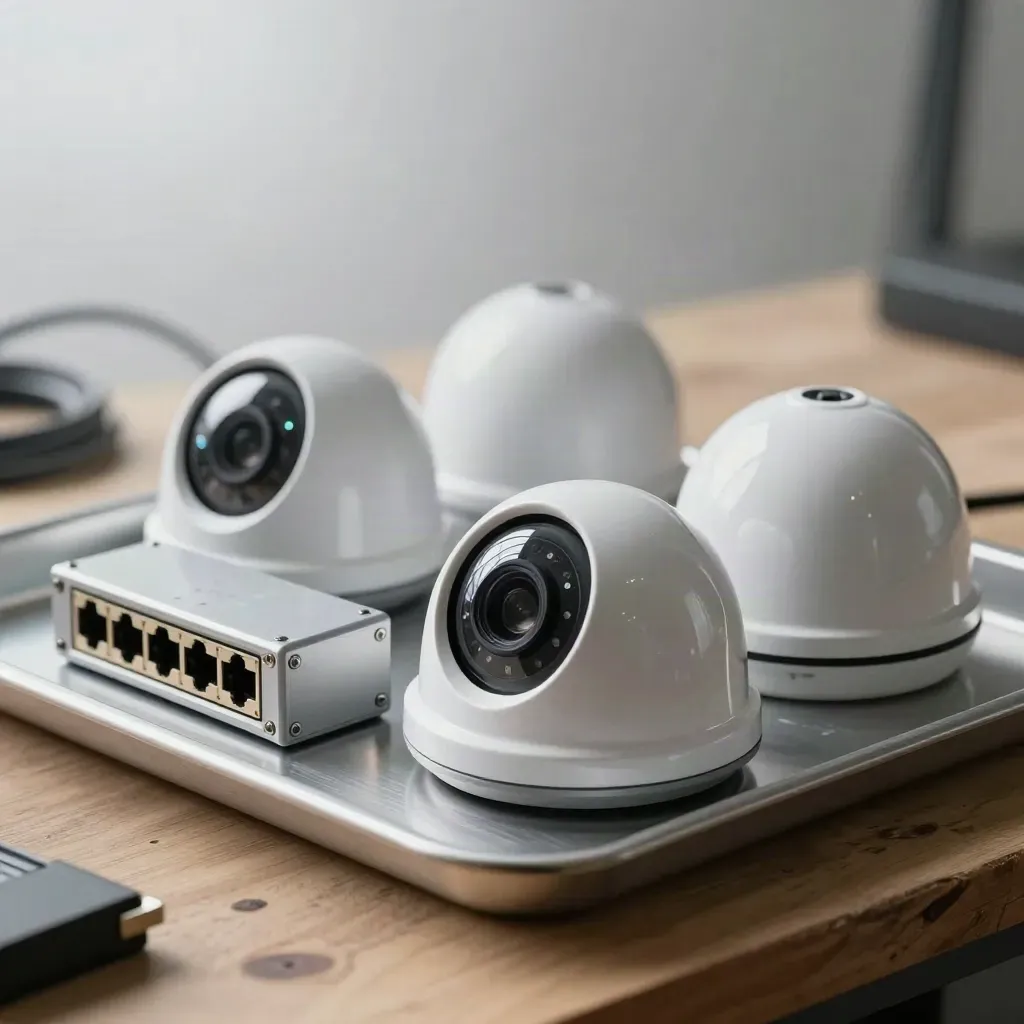 CCTV domes, PoE switch and junction boxes on a brushed aluminium tray in dramatic workshop light