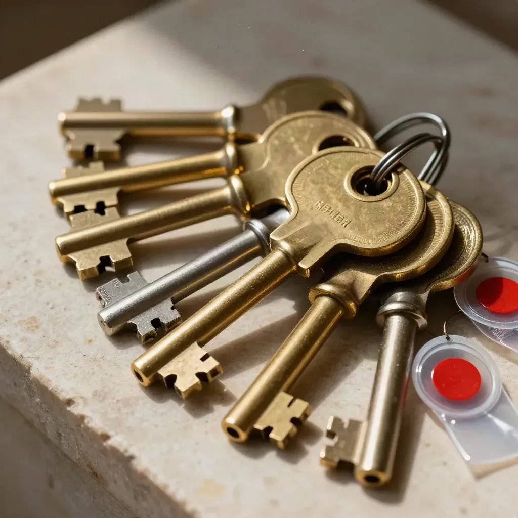 Brass keys, nickel cylinders and sealed security tags on pale stone with a red accent