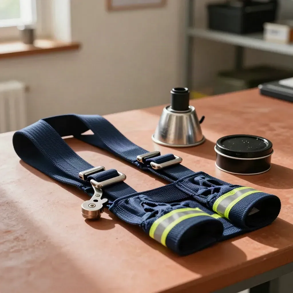 Navy security kit with radio harness, torch head, boot polish tin, and reflective chevrons on a workbench.