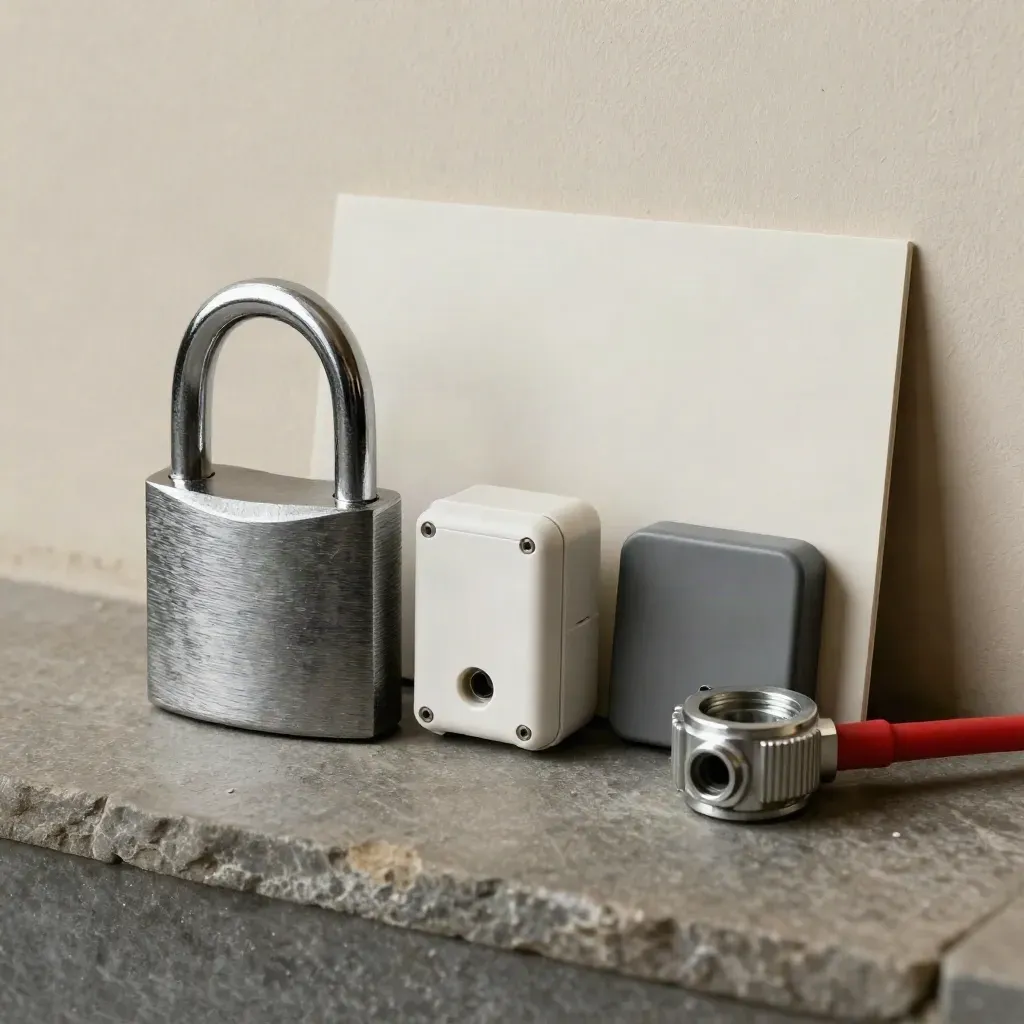 Padlock, junction box, door magnet and cable gland on matte stone, lit from the side.