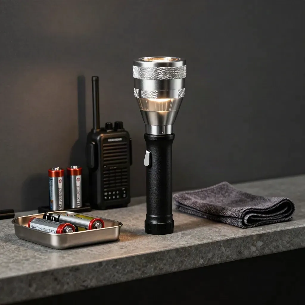 Patrol torch, charger, spare batteries and cloth on a stone shelf by a dark wall