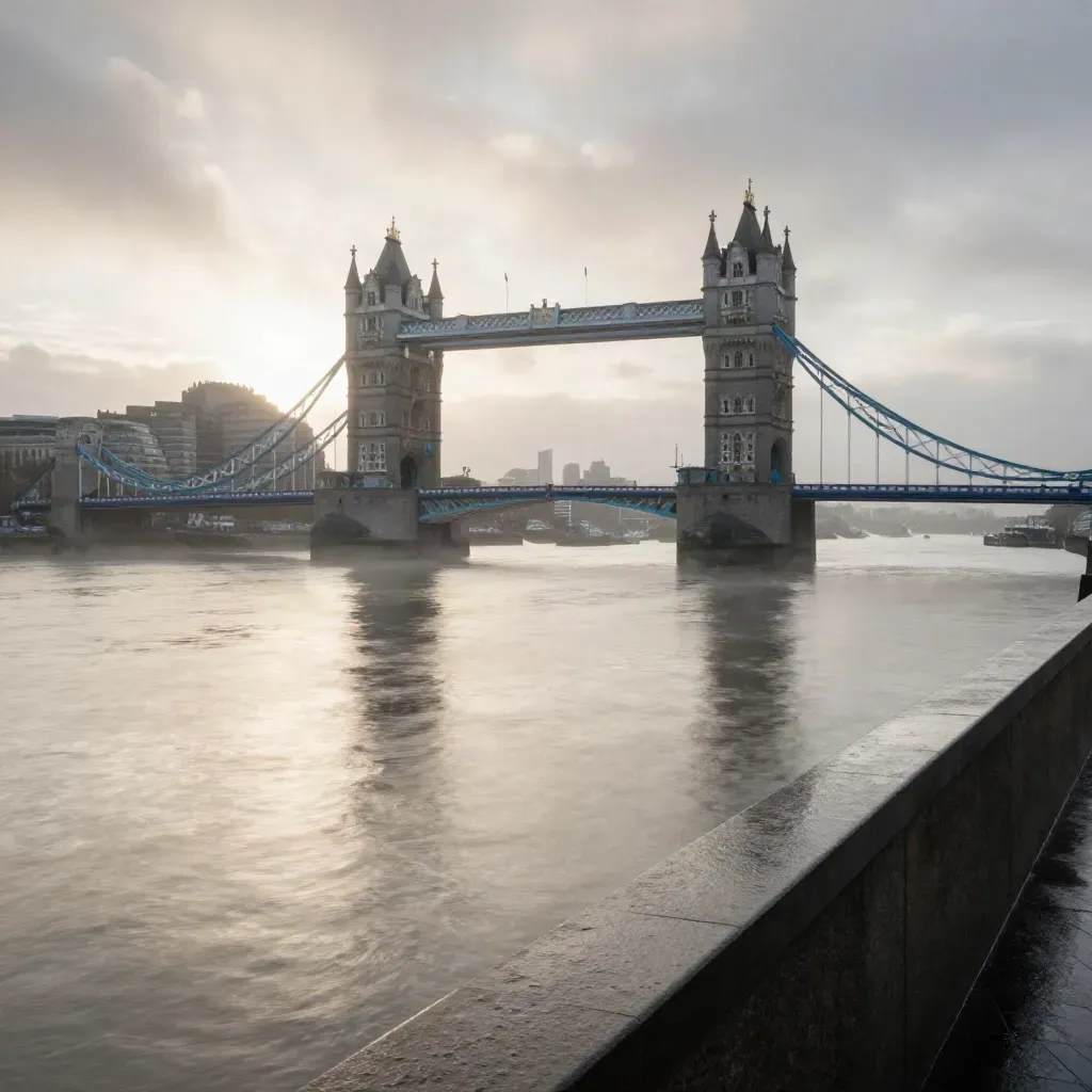 Hazy dawn over the Thames with Tower Bridge and the City skyline high above a pale river plane.