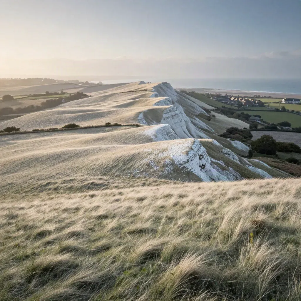 Chalk downs and a quiet coastal horizon in sea mist with a low village roofline high in frame.