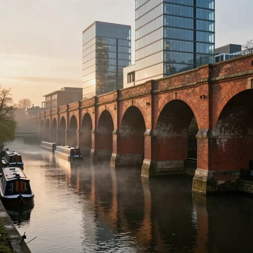 Wide canal basin beneath Birmingham viaducts and glass towers in amber rain haze.