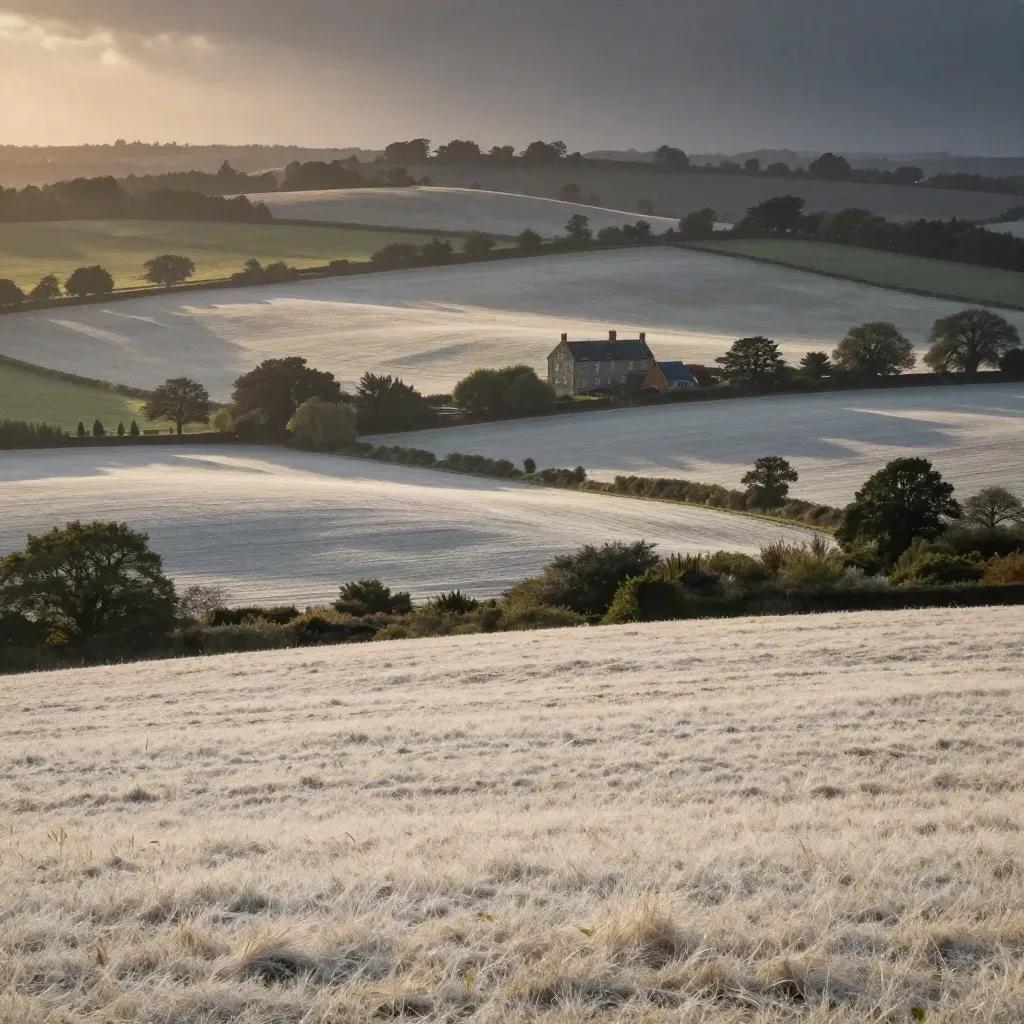 Golden Home Counties chalk fields with a distant manor roofline and hazy hedgerows.
