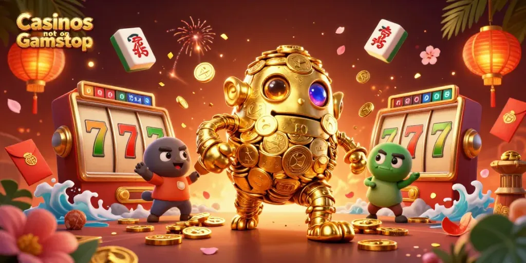 Engage with Casinos not on Gamstop in an ultra-detailed 3D scene featuring dynamic golden characters and captivating symbols.