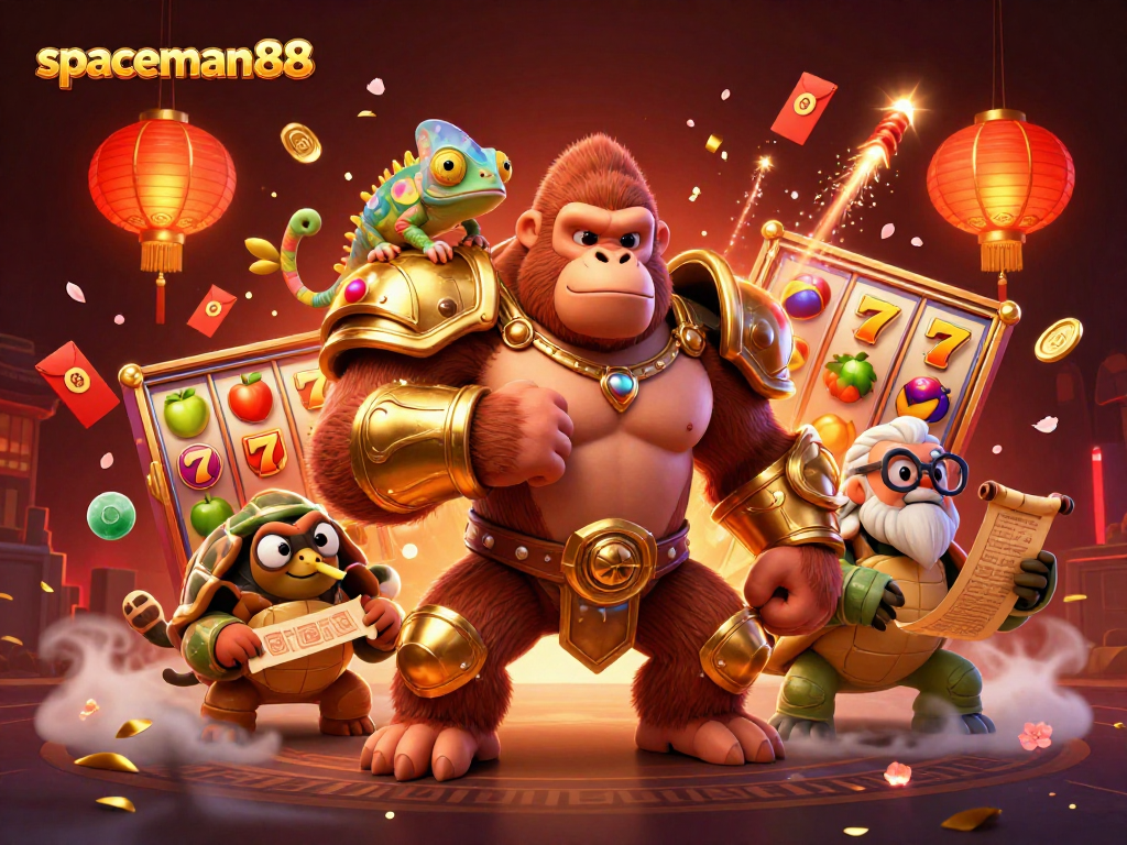 spaceman88 spins the slots, featuring vibrant characters and celebratory casino elements