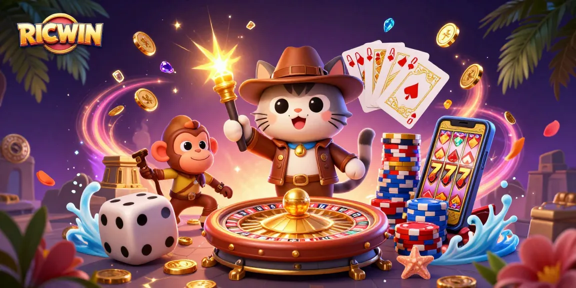 Experience RICWIN casino thrills with a charming cat and monkey discovering golden treasures.