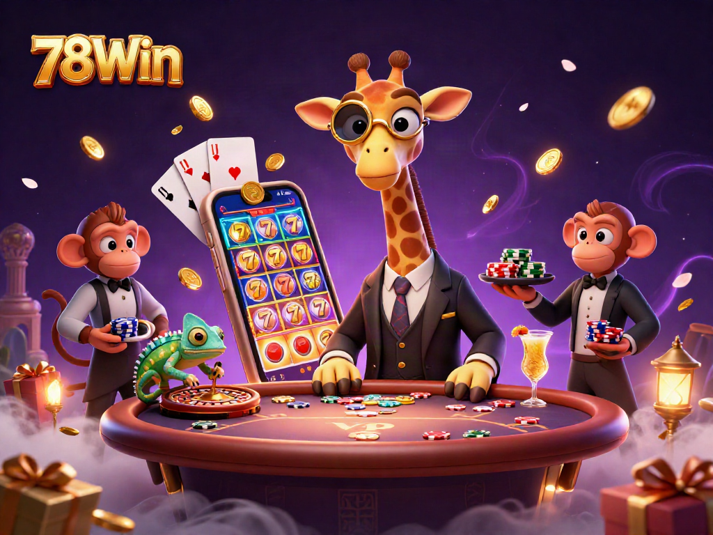 Experience thrilling gameplay at 78Win with a giraffe, monkey, and chameleon in a dynamic casino scene.