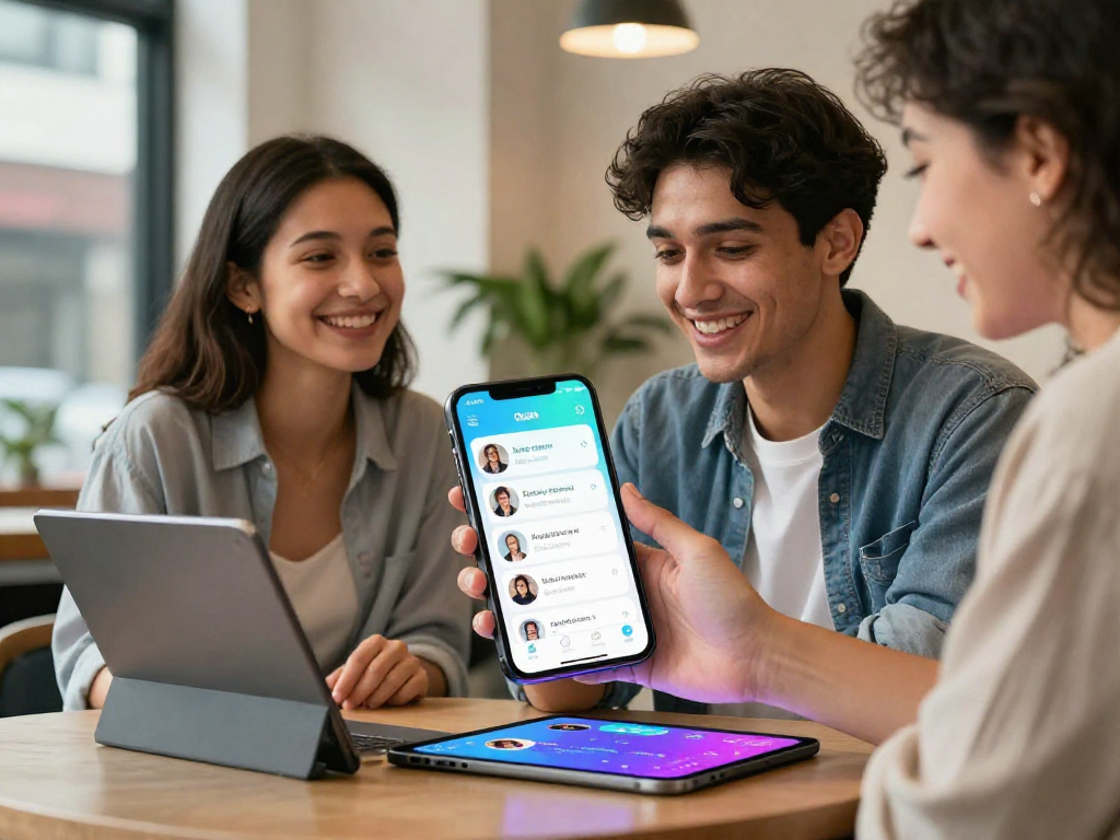 Couple exploring a dating platform using AI, showcasing sex ai technology in a vibrant coffee shop.