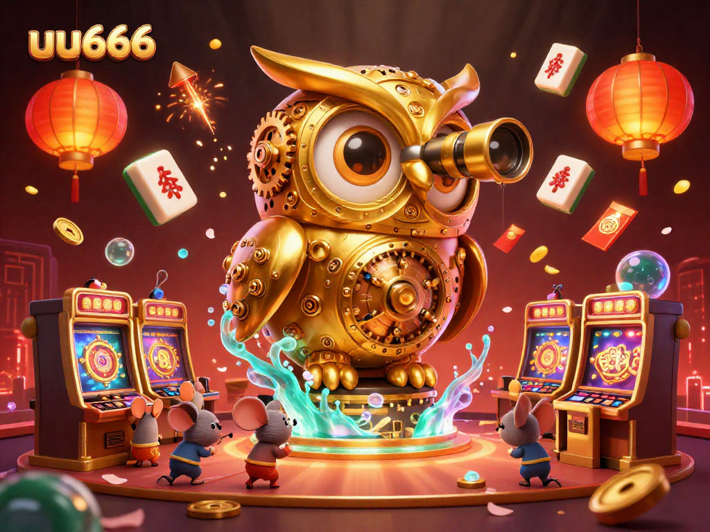 uu666 casino illustration showcasing a golden owl surveying a vibrant gaming floor with charming elements