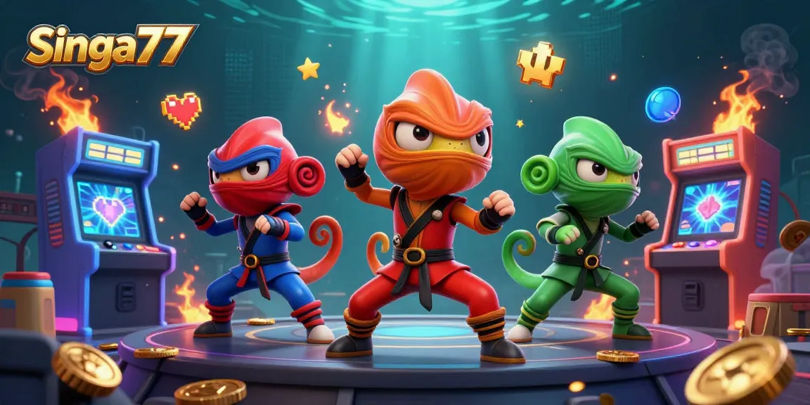 singa77 showcases dynamic casino elements with ninja chameleons performing martial arts in a vibrant setting