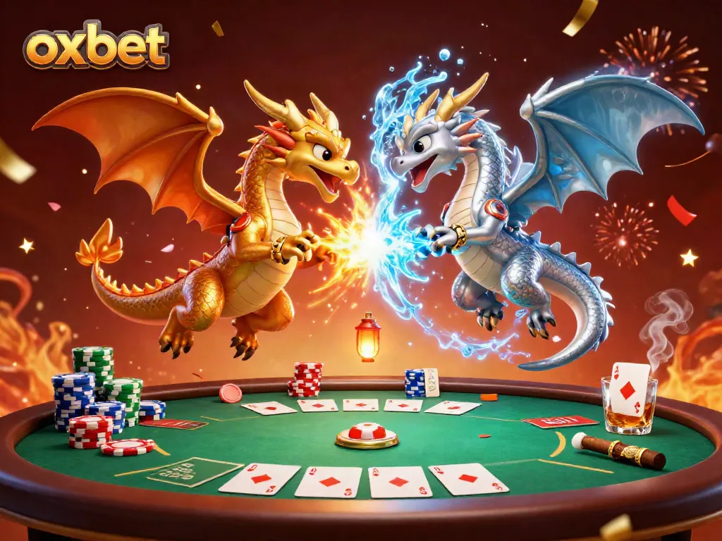 Experience exciting gaming action at Oxbet with golden and silver dragons amidst vibrant casino elements.