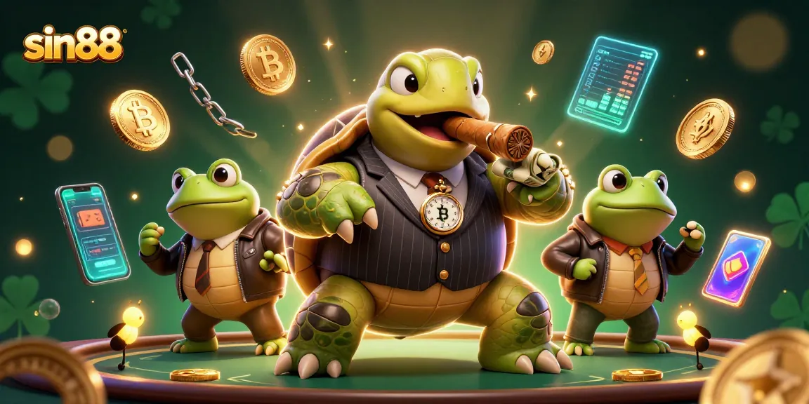 sin88 showcases a dynamic casino scene with a turtle mobster, crypto coins, and vibrant game elements.
