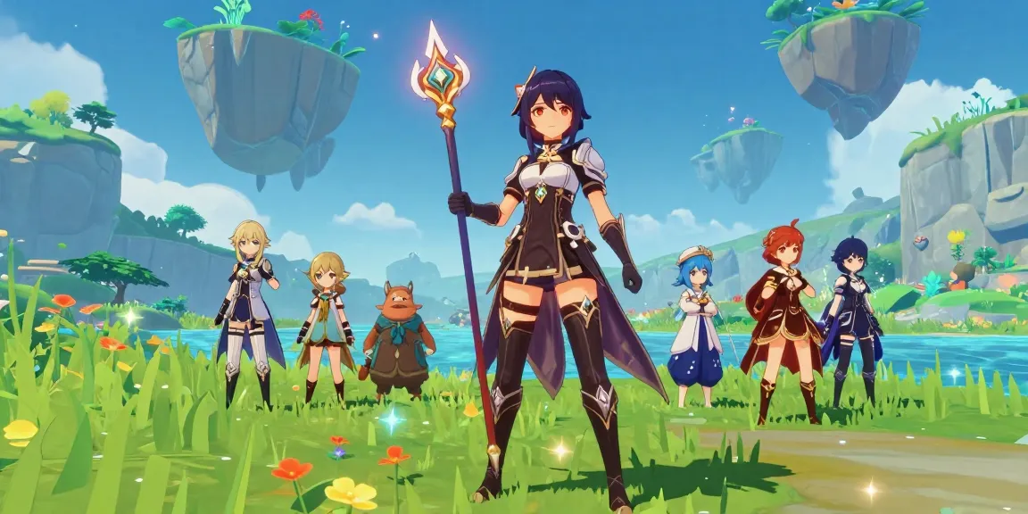 Dynamic female protagonist in a colorful fantasy world, showcasing female protagonist hentai games with magical companions and vibrant scenery.
