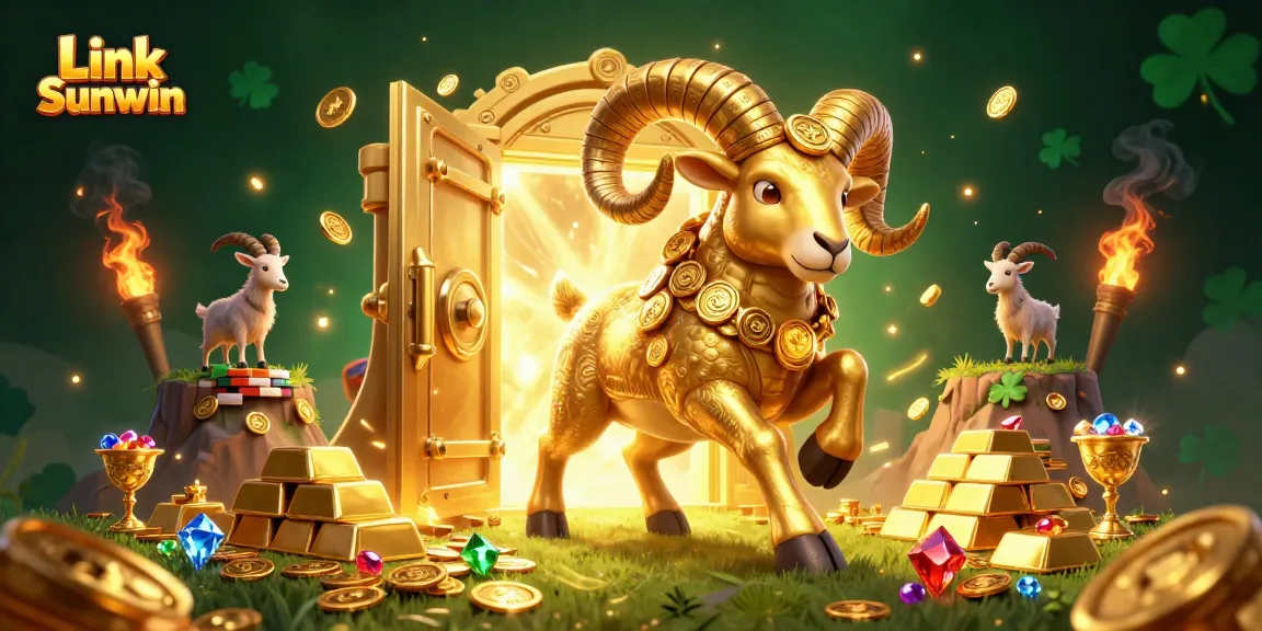 Engage with the thrilling Link Sunwin experience featuring a golden ram and treasure vault scene.