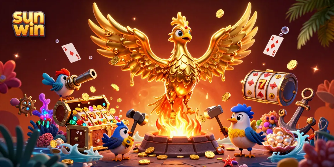 Experience wins in Sun Win with the golden phoenix and vibrant casino treasures bursting forth.