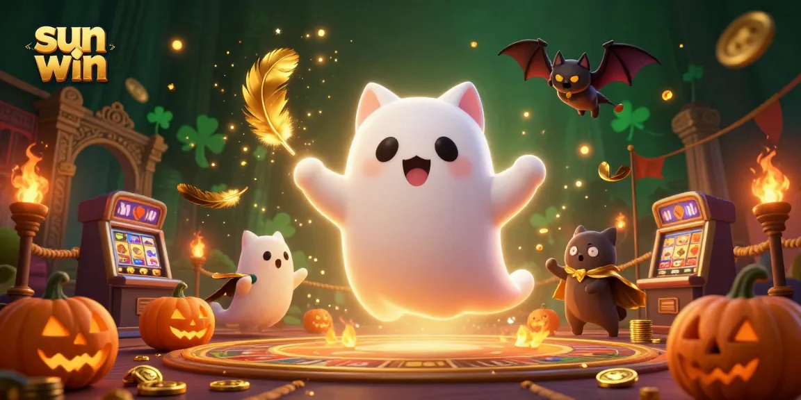 Engage in sun win as a ghost cat gambles in a haunted casino with vibrant elements.