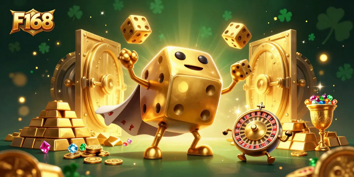 Experience the excitement of F168 with a dynamic casino theme featuring golden dice and rich treasures.